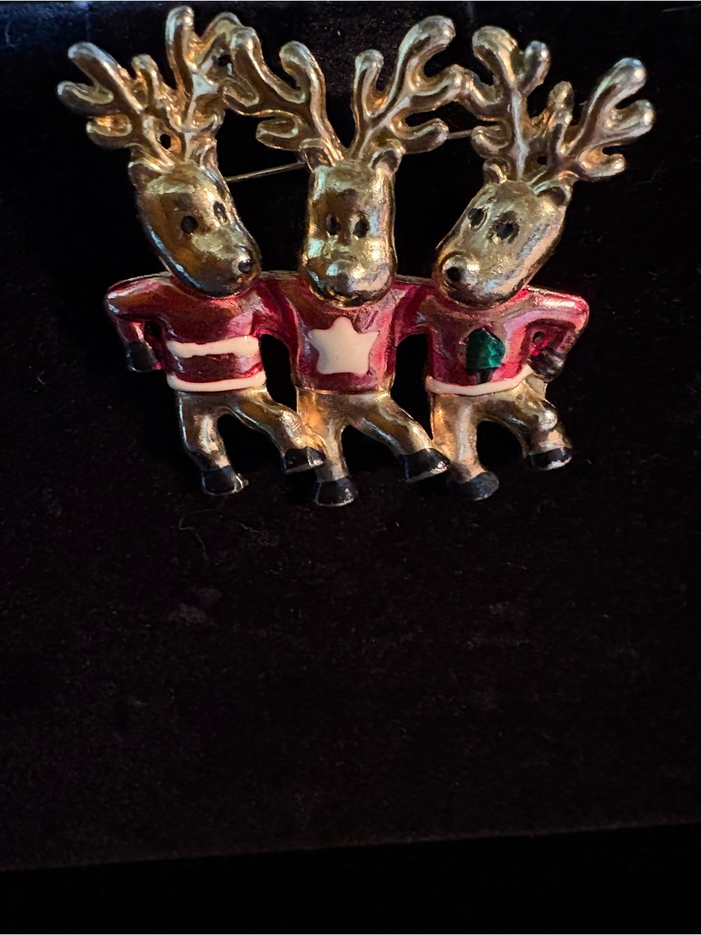 Gold Reindeer Trio Holiday Brooch - Red and Green Sweaters ( Ugly Sweater)